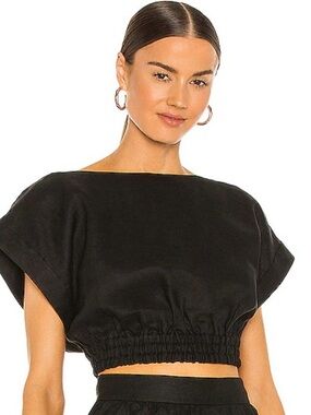 Rebecca Vallance Black Elastic-Hem Crop Linen Top